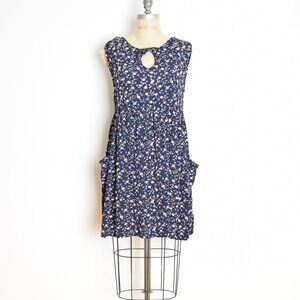 vintage 90s babydoll dress Ecote navy floral print grunge crinkle rayon mini S M